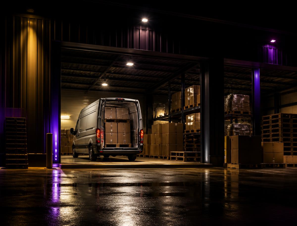 Cargo van loading at a warehouse dock at night