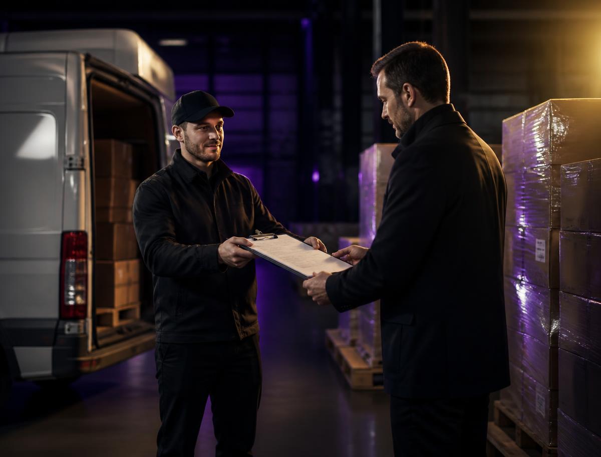 Courier handing a document envelope and parcel to a business receptionist